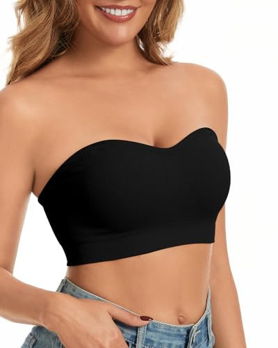 WOWENY Strapless Bandeau Bra for Women Non Wired Bralette Non Slip Boob Tube Bra with Support Fixed Padding Transparent Straps Black,L | Amazon (UK)