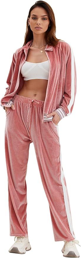 Ekouaer Women's Velvet Velor Tracksuits 2 Piece Lounge Outfits Zip Up Sweatshirt and Sweatpants w... | Amazon (US)