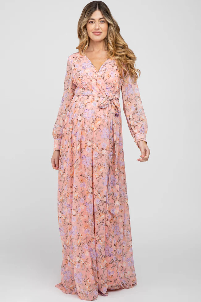 Pink Floral Chiffon Long Sleeve Pleated Maternity Maxi Dress | PinkBlush Maternity