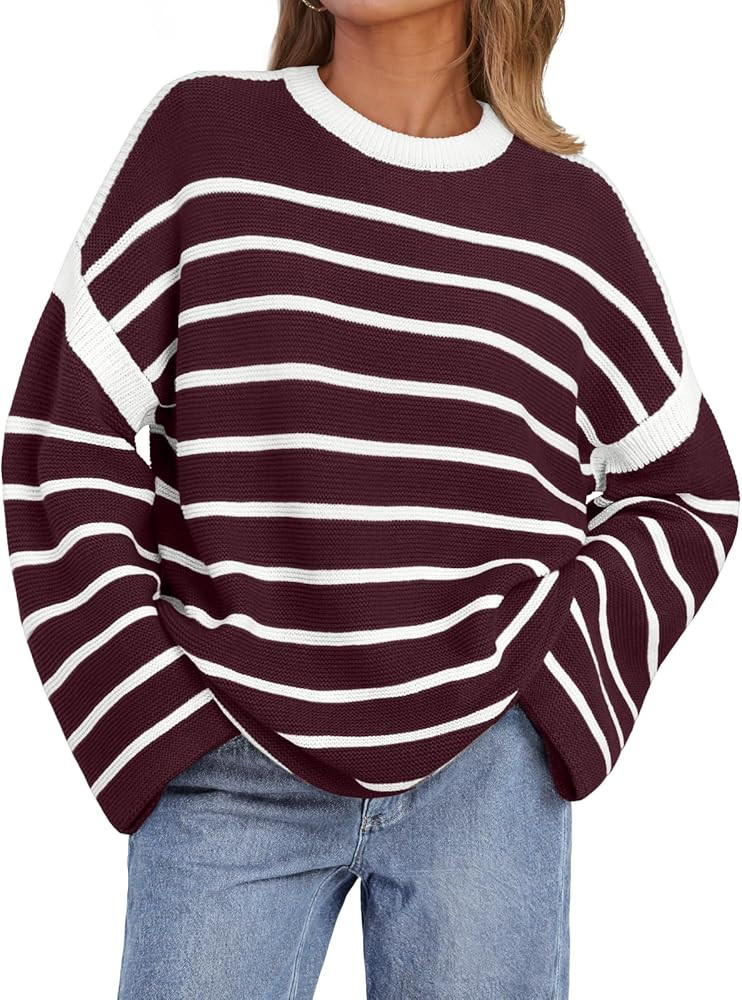 LILLUSORY Womens Striped Oversized Sweaters Crew Neck Pullover Loose Ribbed Knit Sweater Jumper T... | Amazon (US)