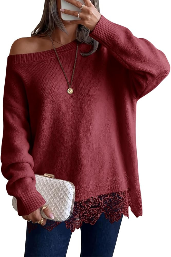 Saodimallsu Womens Lace Patchwork Sweater Long Sleeve Boat Neck Pullovers | Amazon (US)