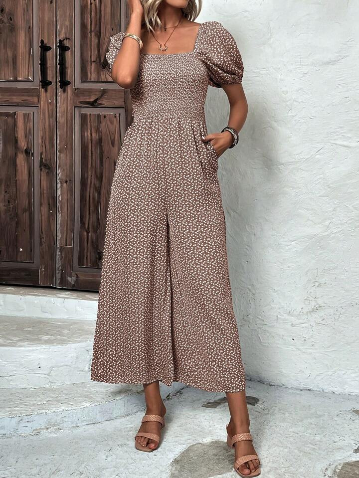 SHEIN LUNE Ditsy Floral Print Square Neck Puff Sleeve Wide Leg Jumpsuit | SHEIN