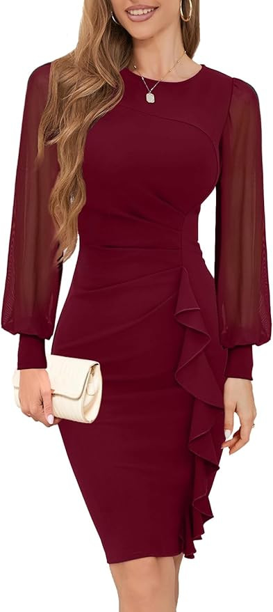 IHOT 2024 Women's Long Sheer Sleeve Ruched Sheath Bodycon Cocktail Party Work Dresses | Amazon (US)