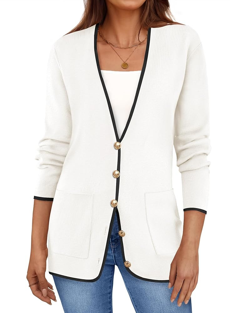 ZESICA Women's Fall Fashion Cardigan Sweaters Long Sleeve Button Open Front Color Block Coatigan ... | Amazon (US)