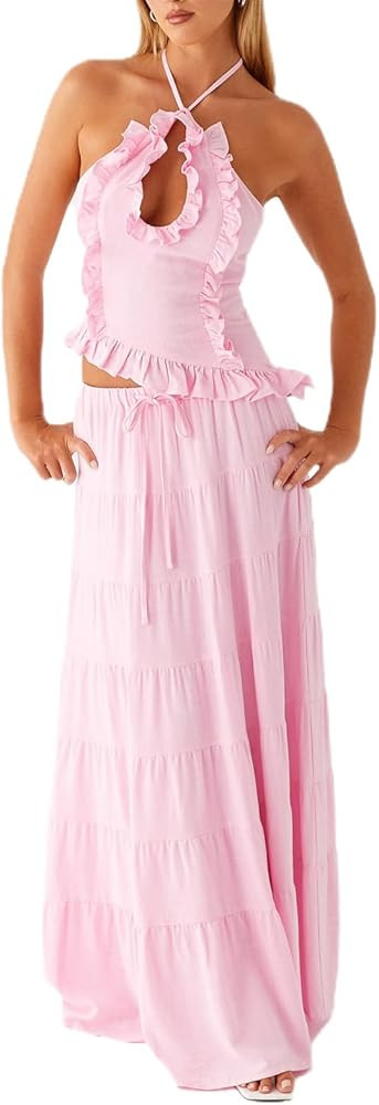 Amazon.com: Argeousgor Women Ruffle Maxi Skirt Set Halter Ruched Crop Top Flowy Long Skirt Y2K 2 ... | Amazon (US)