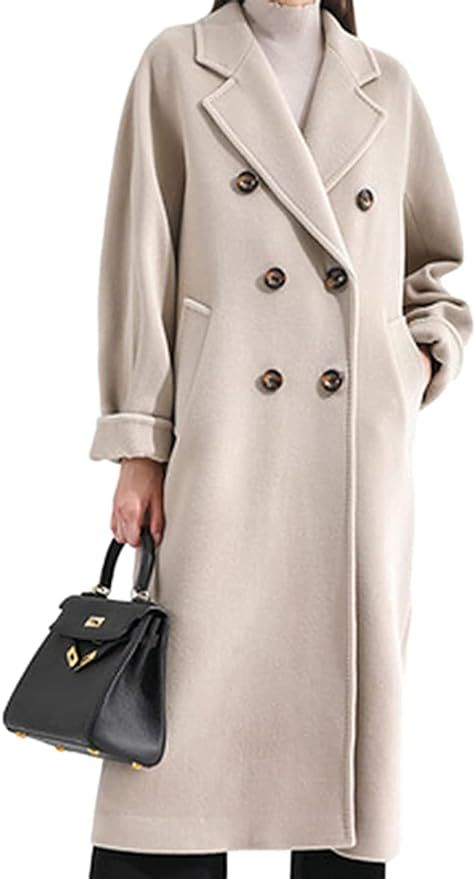 Vagbalena Women's double-breasted wool trench coat with cutout lapel double-sided pea straight co... | Amazon (UK)