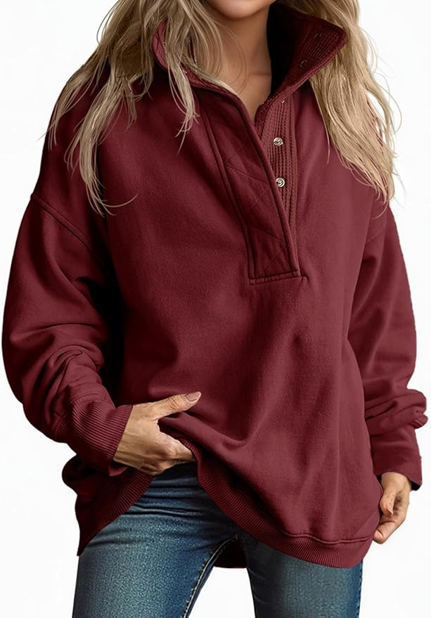 Fisoew Womens Oversized Sweatshirt Casual Snap Stand Collar Long Sleeve Pullover Tops Fall Travel... | Amazon (US)