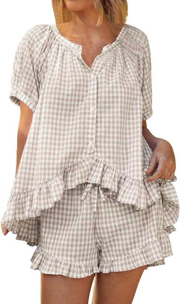 Womens 2 Piece Ruffle Pajama Set Gingham Pjs Short Sleeve Babydoll Shirt and Shorts Plaid Summer ... | Amazon (US)