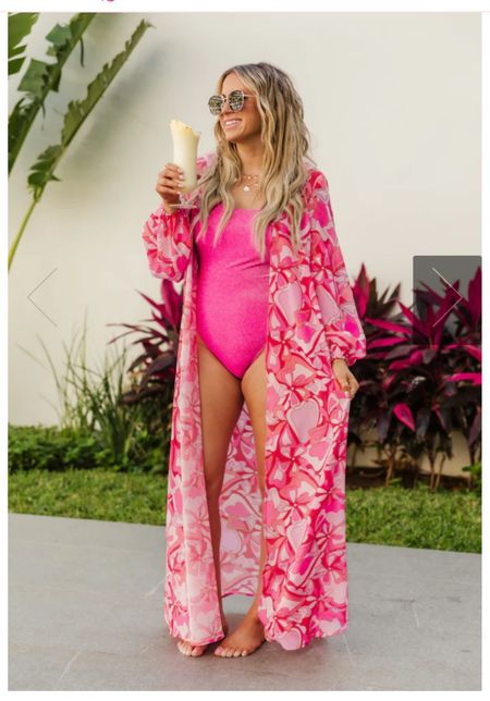 Pretty pink swimsuit and kimono. Resortwear, swim coverup, Beach vacation, one piece swimsuit.

#LTKswim #LTKSeasonal #LTKmidsize