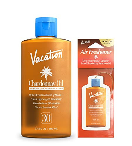 Vacation Chardonnay Oil SPF 30 + Air Freshener Bundle, Vegan Suntan Oil with Broad Spectrum SPF, Oxybenzone + Octinoxate Free Sunscreen Tanning Oil, TSA Friendly, Travel Size, 3.4 fl. Oz. | Amazon (US)
