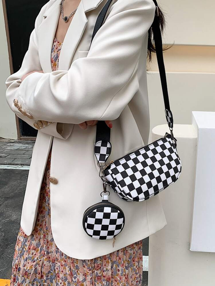 Checkered Pattern Saddle Bag With Coin Purse | SHEIN