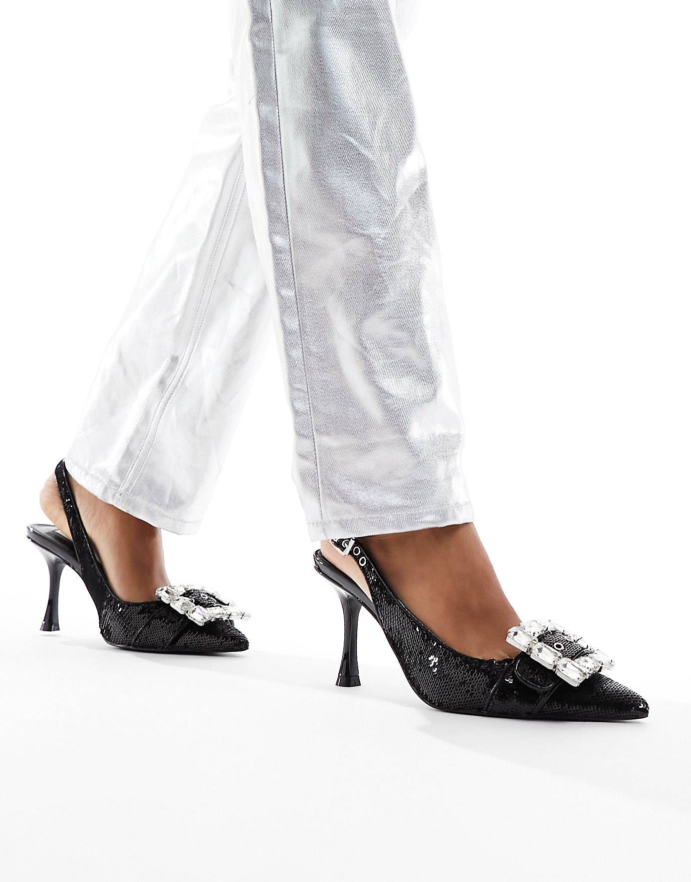 Steve Madden Closeup-S sequin slingback heeled shoe with embellished buckle in black | ASOS (Global)