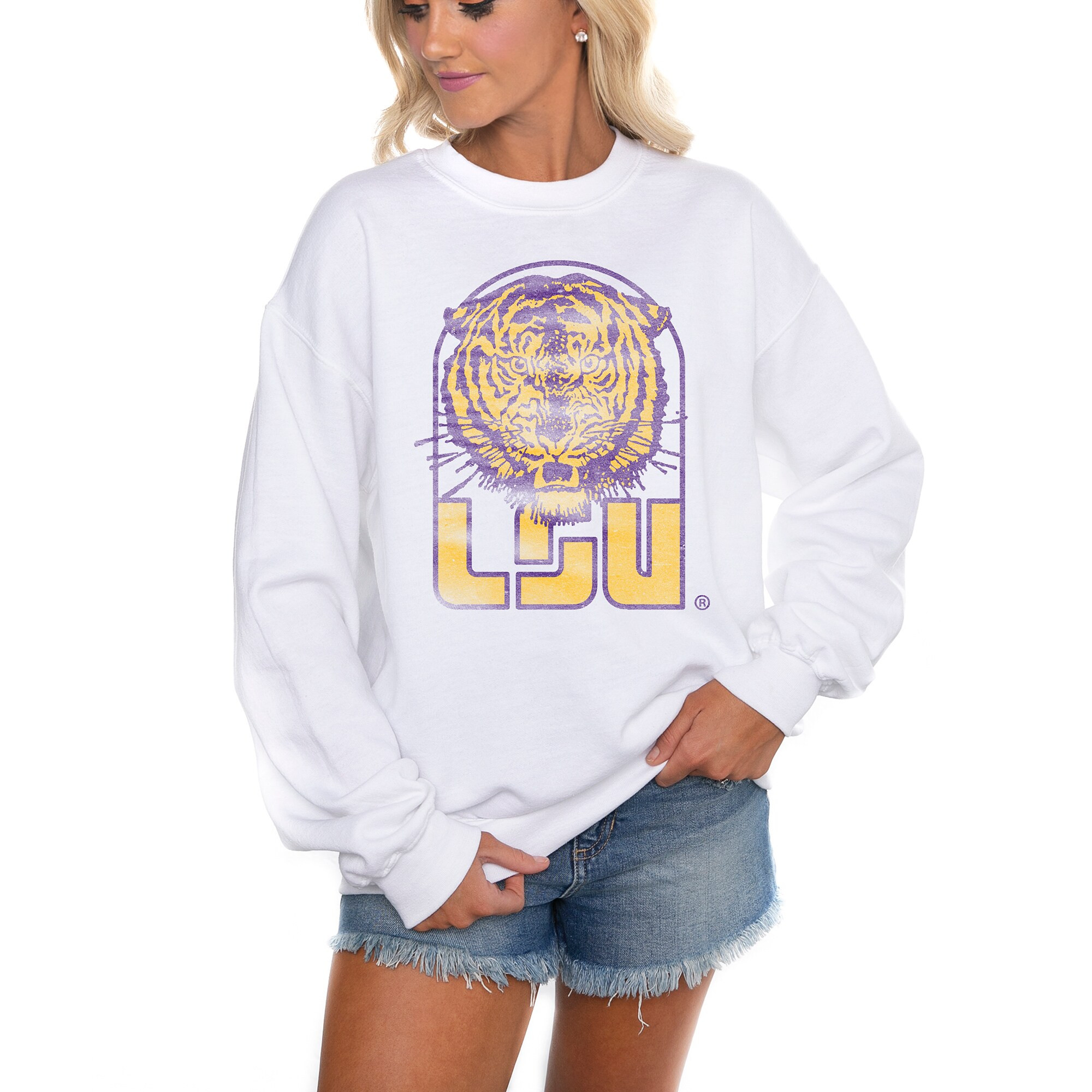 LSU Tigers Gameday Couture Women's Run It Back Perfect Crewneck Pullover Sweatshirt - White | Fanatics