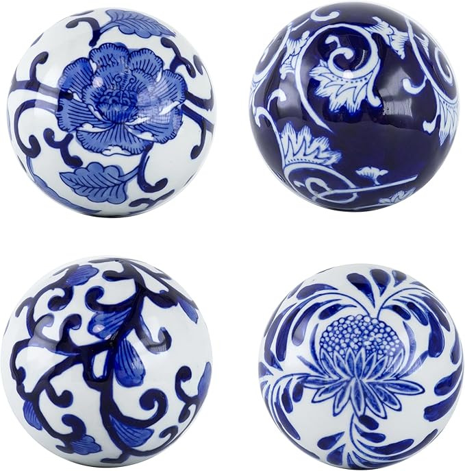 A&B Home 4" Blue and White Decorative Orbs for Bowl Vase, Table Centerpiece Decor, Set of 4 Porce... | Amazon (US)