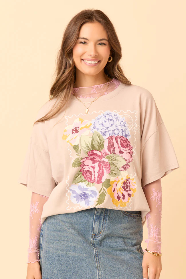 Floral Stamp Taupe Oversized Graphic Tee SALE | Pink Lily