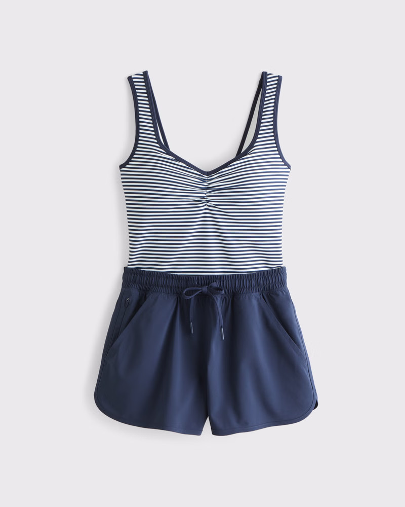 Abercrombie & Fitch Women's YPB motionTEK Hybrid Onesie in Navy Pattern - Size L | Abercrombie & Fitch (US)