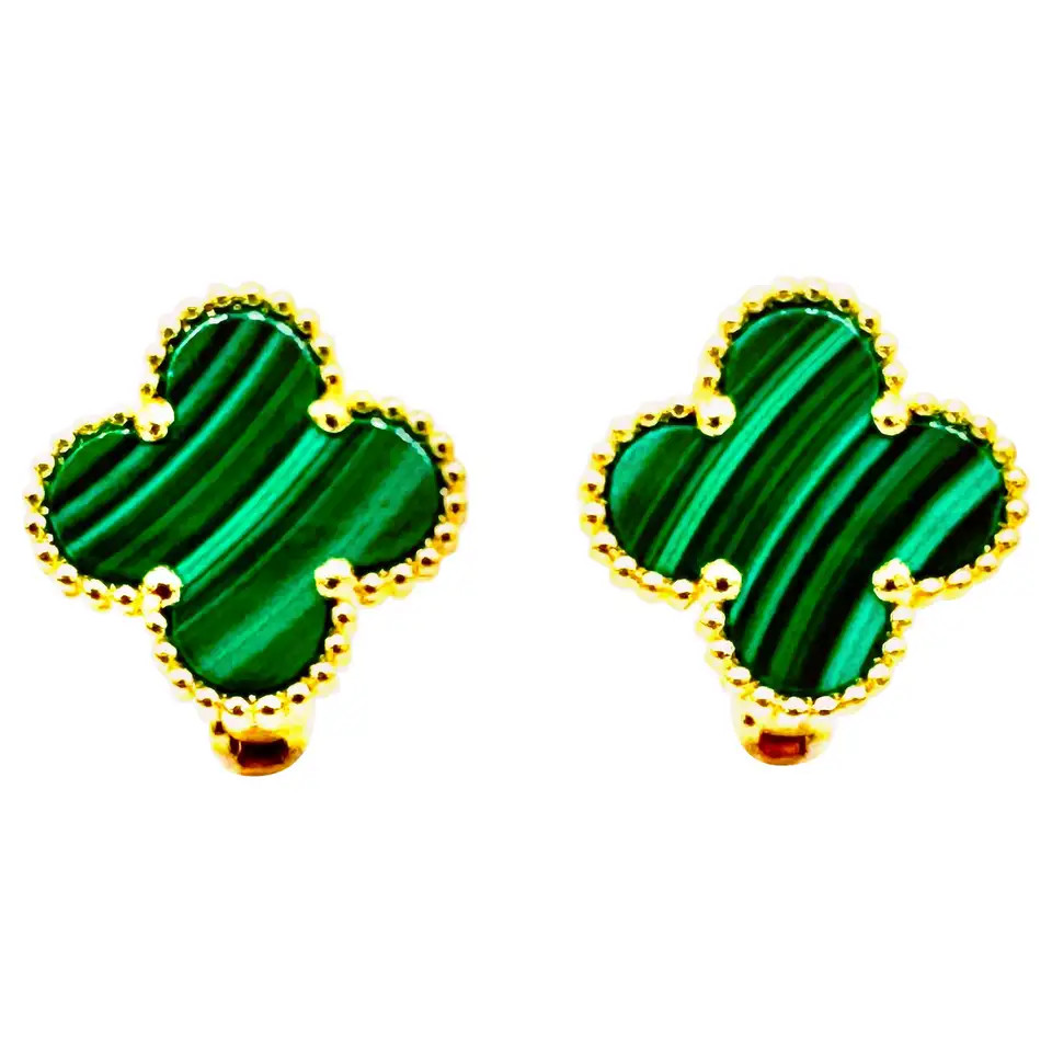 Van Cleef & Arpels Vinatge Alhambra Malachite and 18K Yellow Gold Earrings | 1stDibs