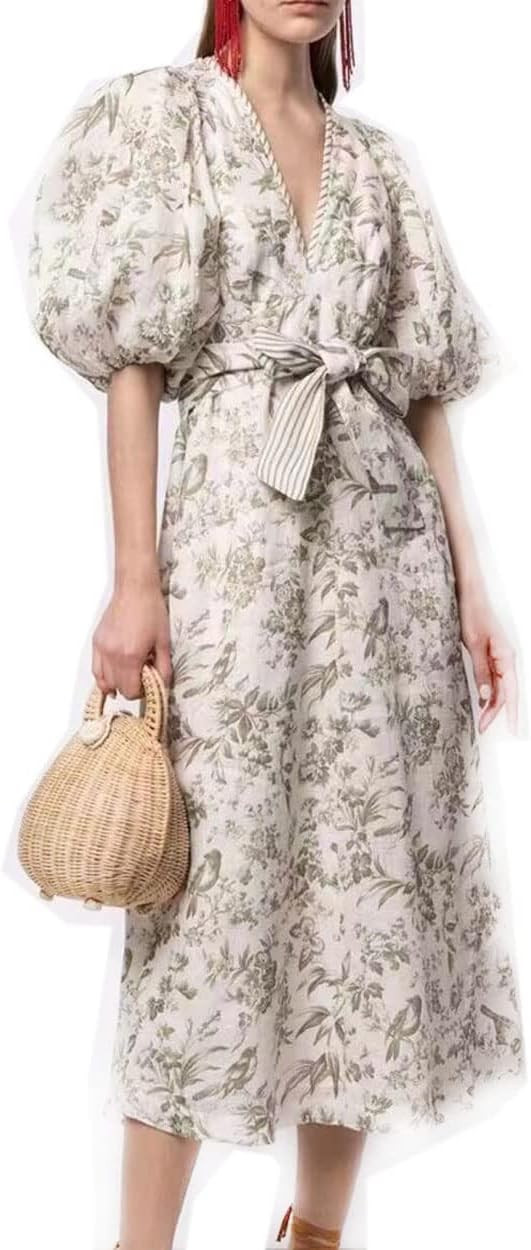 Aofur Summer Cotton V Neck Long Losse Sleeve Casual Party A-Line Dresses Embroidery Short Dress | Amazon (US)