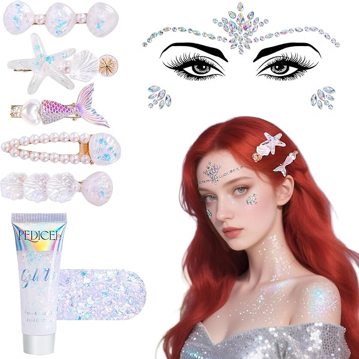 Wehhbtye 7 Pcs Mermaid Hair Clips Face Gems Glitter, Starfish Hair Clip Glitter Stickers and Gel,... | Amazon (US)