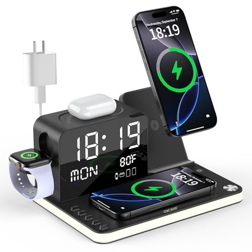 acer 7-in-1 Wireless Charging Station: Charger Stand for Multiple Devices for Apple - iPhone 16 15 14 13 12 Pro Max Apple Watch Airpods, Wireless Charger iPhone Charging Station with Bluetooth TimeSyn | Amazon (US)