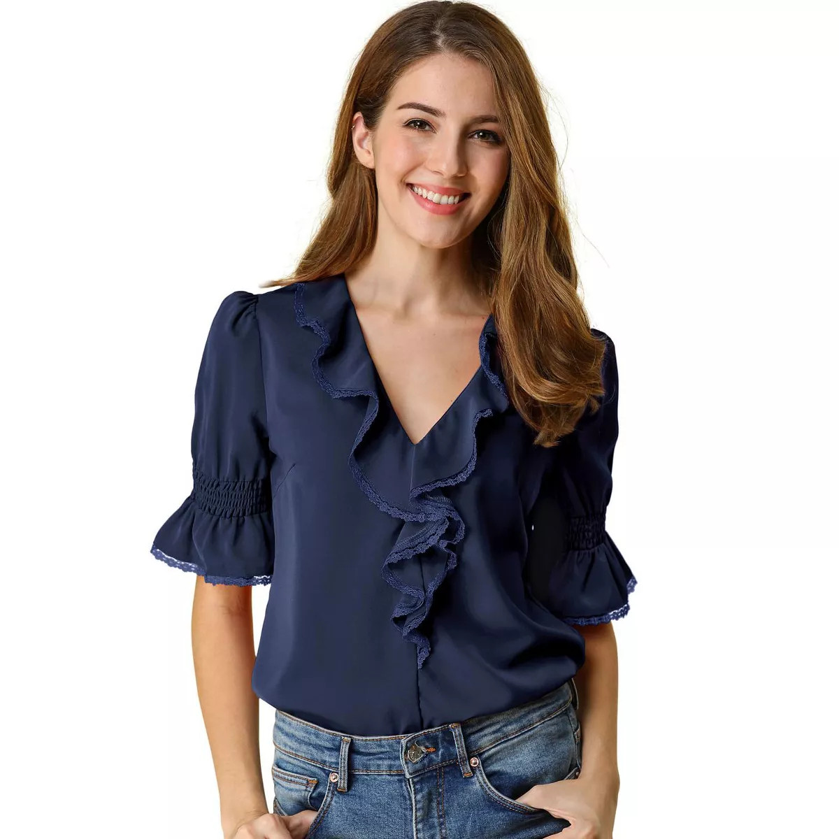 INSPIRE CHIC Women's Ruffle V Neck Puff Sleeve Summer Casual Chiffon Peasant Top Navy Blue Large | Target