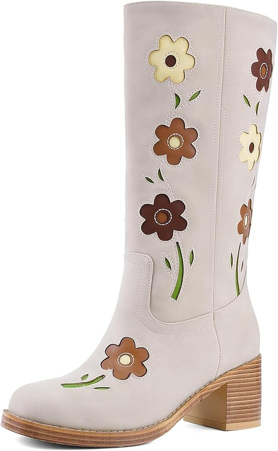 Women's Floral Embroidered Knee High Boots, Chunky Heel Fashion Boots | Amazon (US)