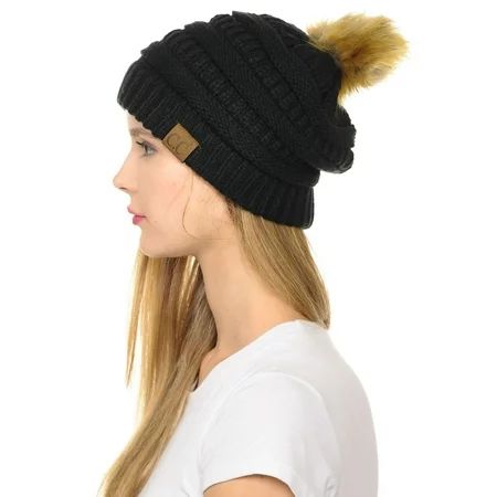 C.C Hat-43 Thick Warm Cap Hat Skully Faux Fur Pom Pom Cable Knit Beanie Black | Walmart (US)