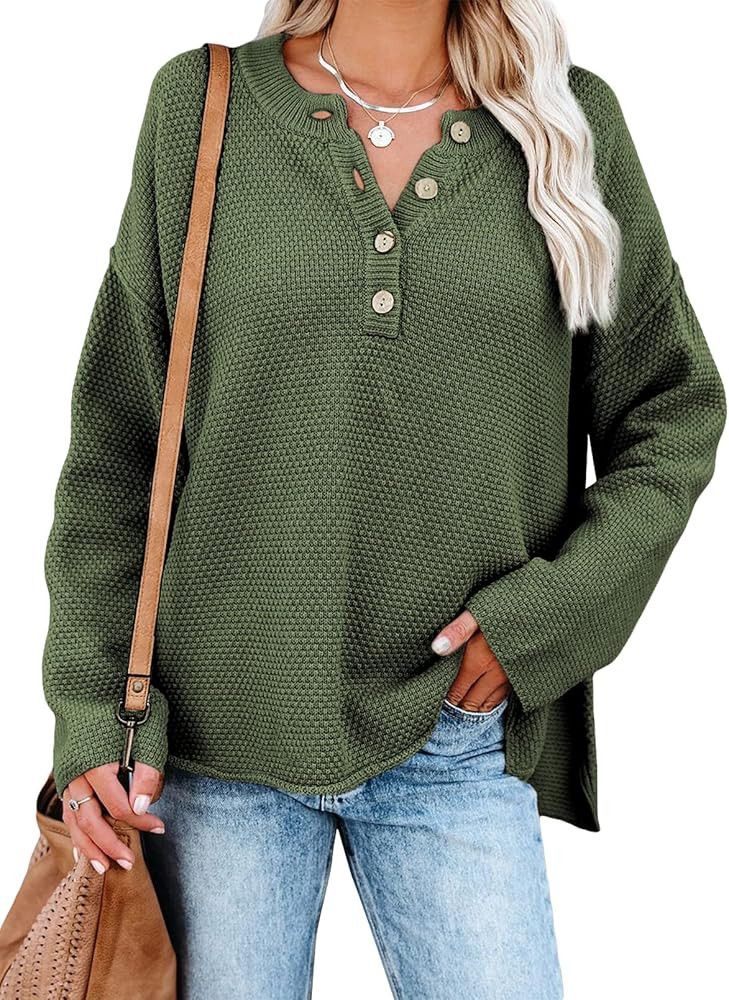 SHEWIN Women's Waffle Knit V Neck Sweater Casual Long Sleeve Side Slit Button Henley Pullover Jumper | Amazon (US)