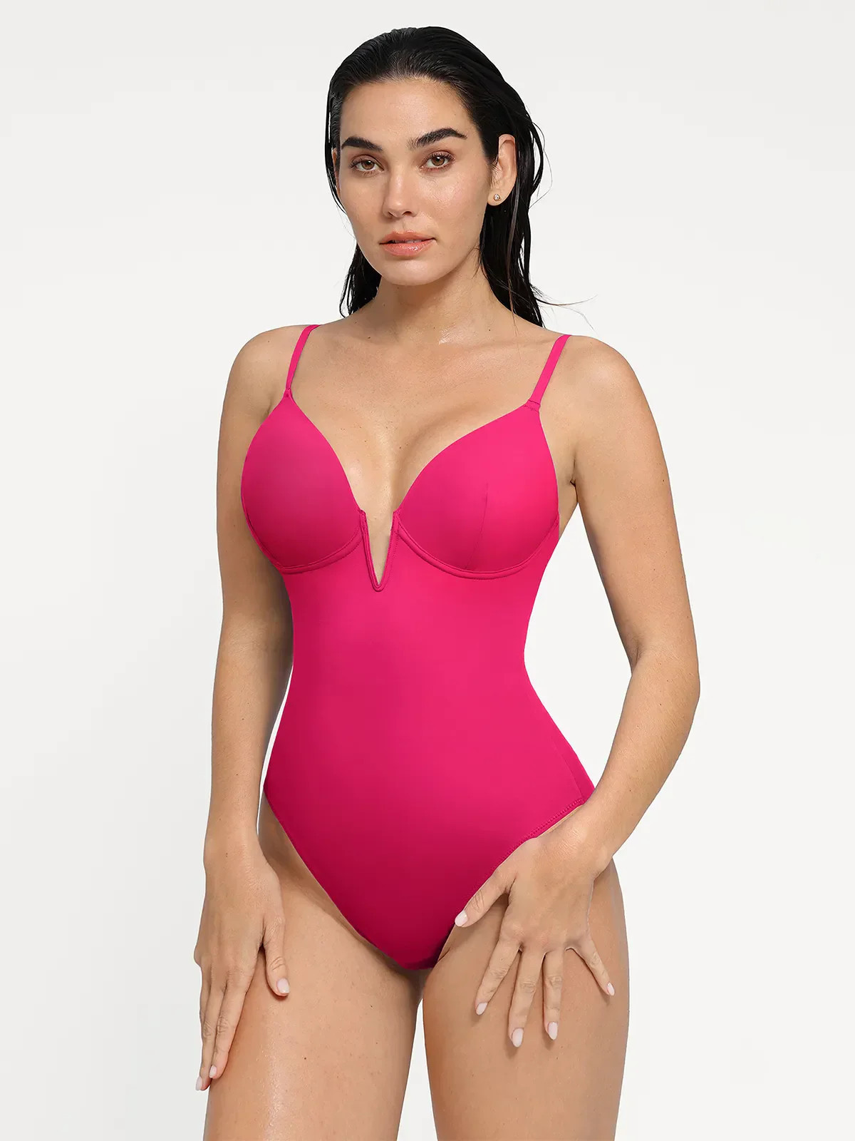 Shapewear Plunging V Slimming One-Piece Swimsuit - Pink / 3XL | Popilush