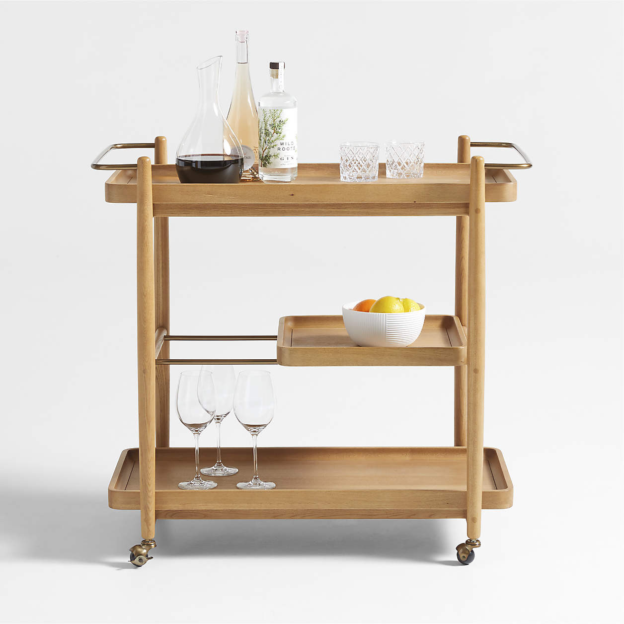 Vitae 36" Natural Solid Elm Wood Bar Cart with Removable Tray + Reviews | Crate & Barrel | Crate & Barrel