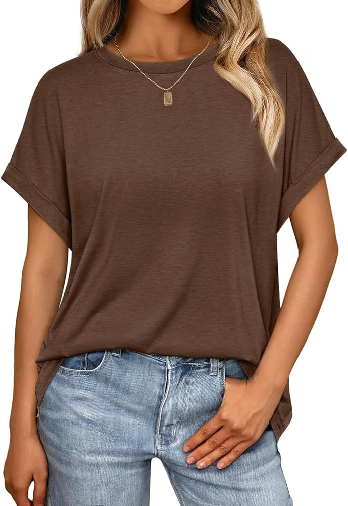 AUTOMET Women's Oversized Short Sleeve T Shirts Casual Drop Shoulder Rolled Cuff Summer Tops for ... | Amazon (US)