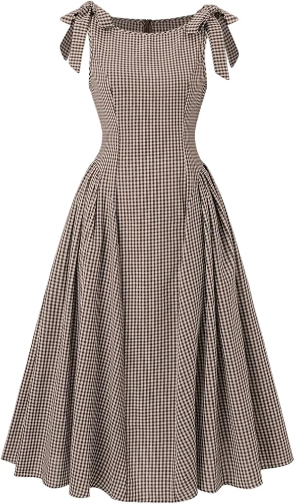 SweatyRocks Women's Vintage Plaid Dresses Bow Shoulder Checkered Boat Neck Ruffle A Line Dress | Amazon (US)