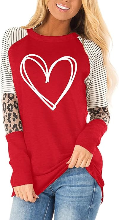 Valentine's Shirt for Womens Love Heart Print Graphic Tees Buffalo Plaid Long Sleeve Tops | Amazon (US)