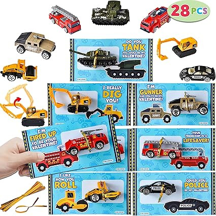 JOYIN 28 Packs Valentines Day Cards with DieCast City Vehicles Toys for Valentine Party Favor, Cl... | Amazon (US)