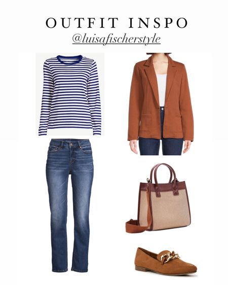 outfit inspo | crewneck tee | striped tee | classic tee | straight leg jeans | blazer | mini tote bag | loafers | teacher outfit | smart casual | work outfit | office outfit | fall outfit | outfit idea | classic style

#LTKsalealert #LTKfindsunder50 #LTKSeasonal