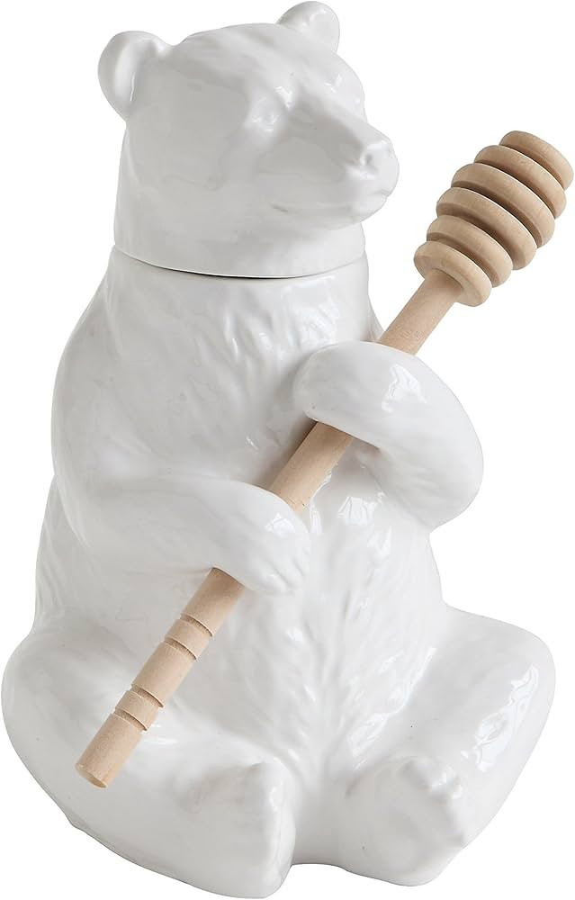 Creative Co-Op DA8253 White Bear Shaped Honey Pot with Bamboo Dipper | Amazon (US)