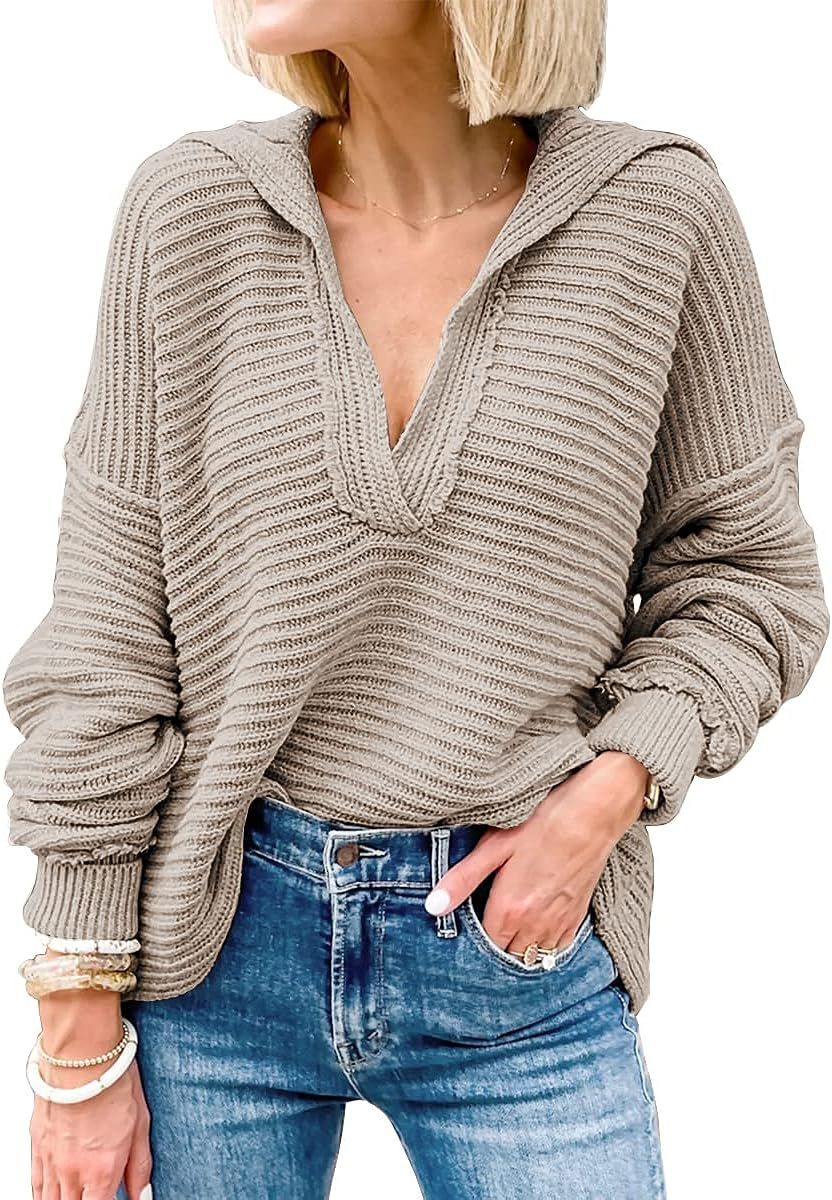 LILLUSORY Women V Neck Oversized Winter Sweaters Long Batwing Sleeve Collar Asymmetrical Hem Pull... | Amazon (US)