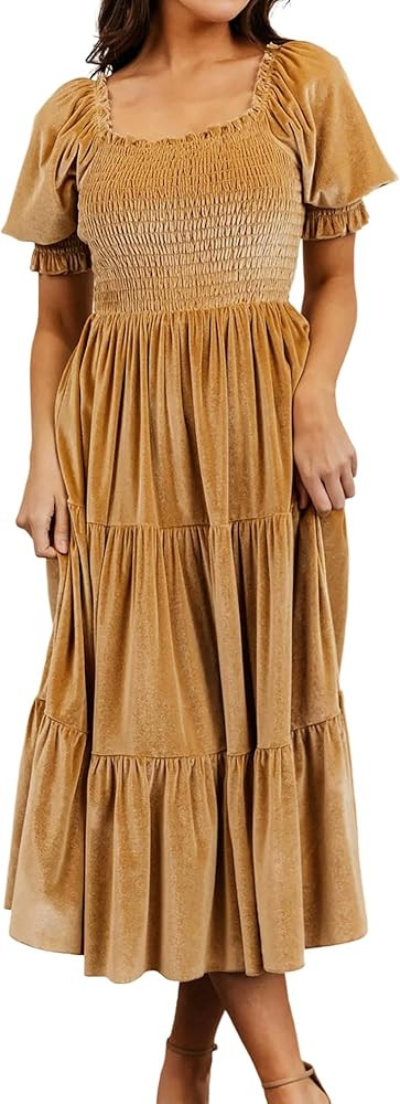 R.Vivimos Womens Fall Winter Velvet Dress Puff Sleeve Square Neck Smocked Tiered Ruffle A-Line Fl... | Amazon (US)
