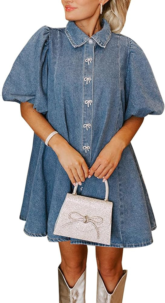 LifeShe Women's Blue Denim Babydoll Mini Dress with Puff Sleeves, Lapel Collar & Diamond Bow Deco... | Amazon (US)