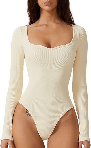 Meyeeka Women's Sweetheart Neck Bodysuit Long Sleeve Seamless Shirt Basic Stretch Tops | Amazon (US)