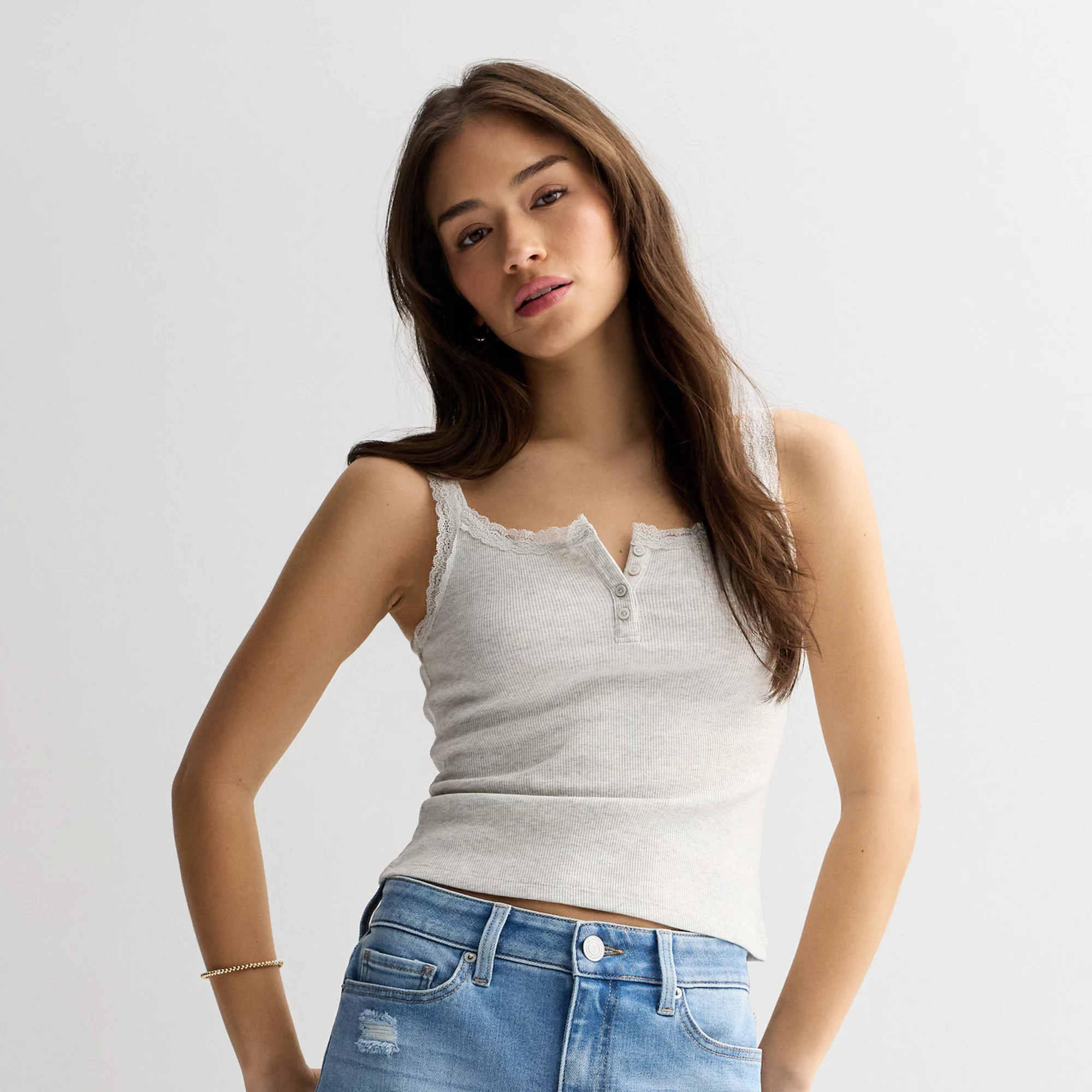 Juniors' SO\u00ae Lace Trim Henley Cami | Kohl's