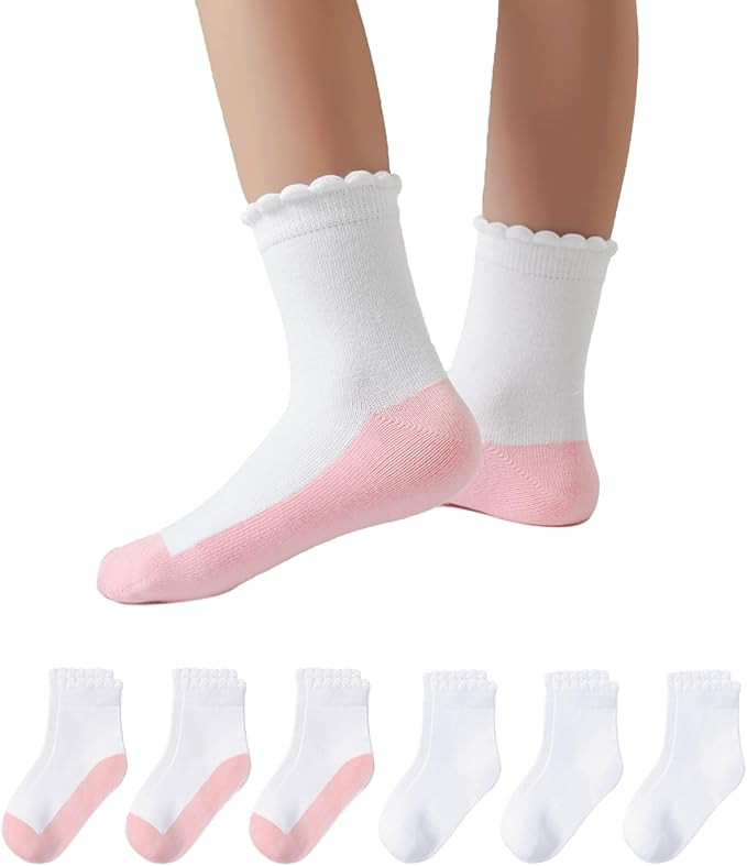 Funjoon Girls Ruffle White Socks Dress Scallop Socks for Kids Crew Uniform Sock 4-10 Years | Amazon (US)