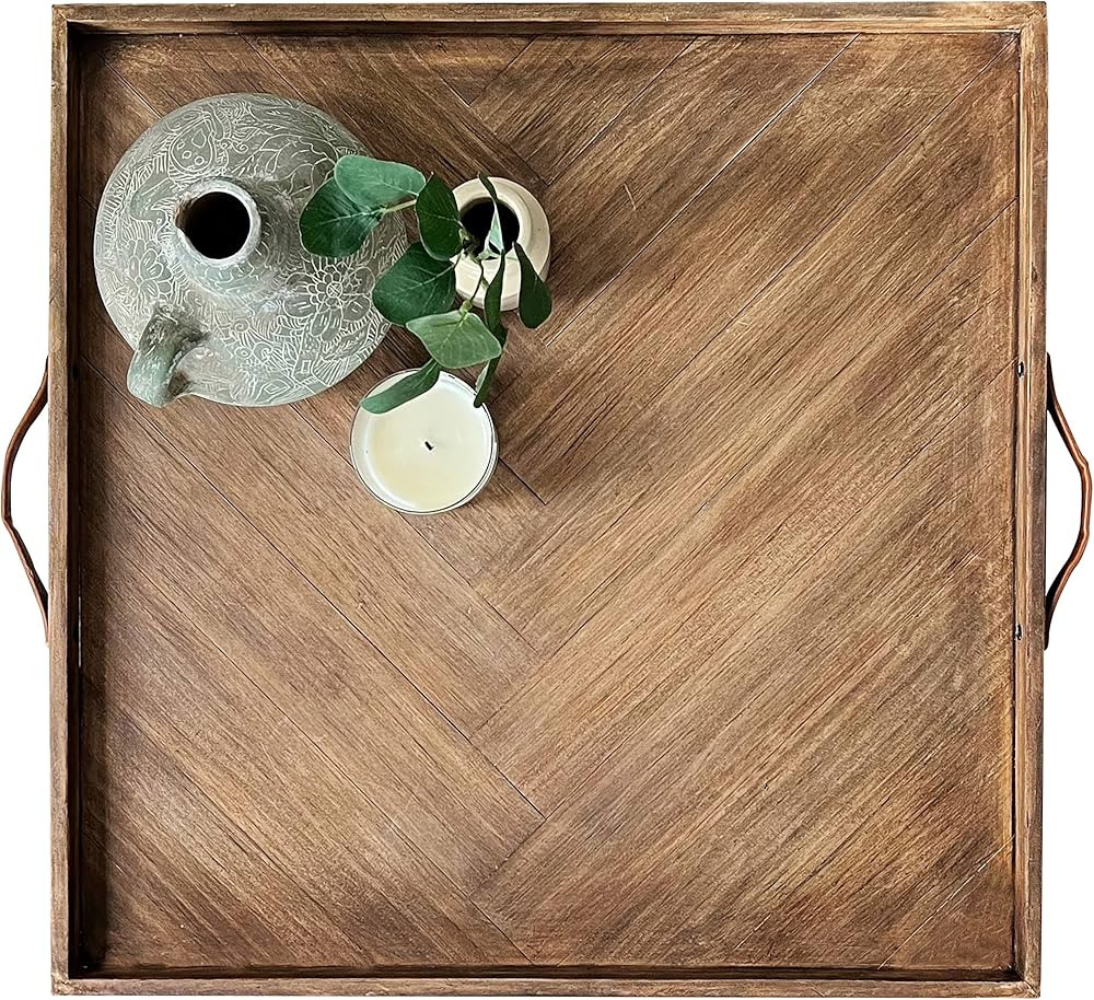 LUIYO Large Ottoman Wood Tray- with Leather Handle Decorative Wooden 24 x 24 x1.5 Inches Square S... | Amazon (US)