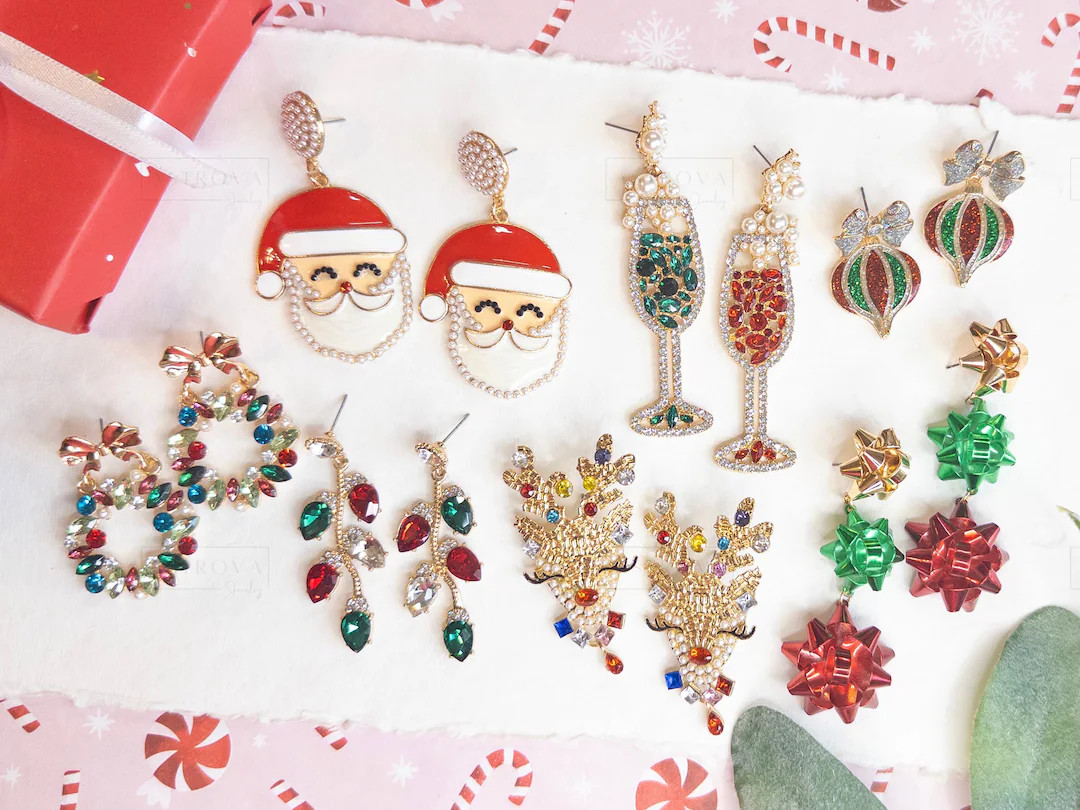 Christmas Crystal Dangle Earrings | Santa | Reindeer | Wreath | Christmas Lights | Gift Bows | Xm... | Etsy (US)