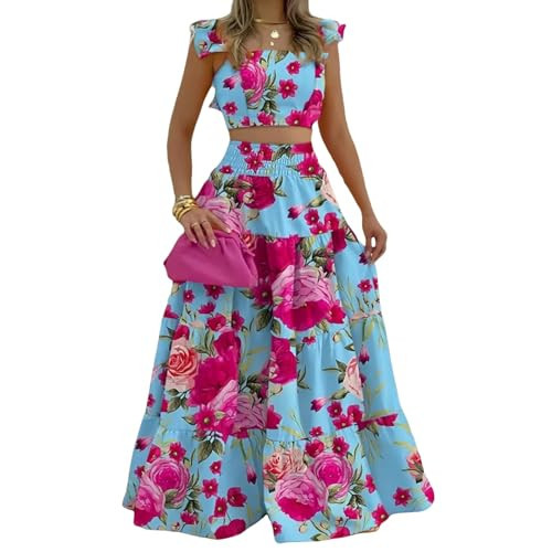 Maxi Skirt Sets for Women 2 Piece Outfits Ruffle Sleeve Crop Tank Top and High Waist Tiered Skirt... | Amazon (US)
