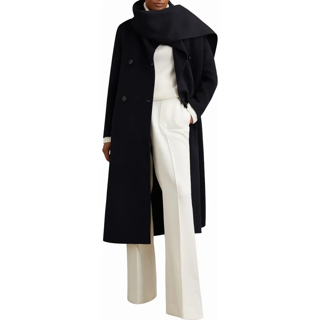 Reiss Indira Double Breasted Wool Blend Coat with Scarf in Navy at Nordstrom, Size 12 Us | Nordstrom