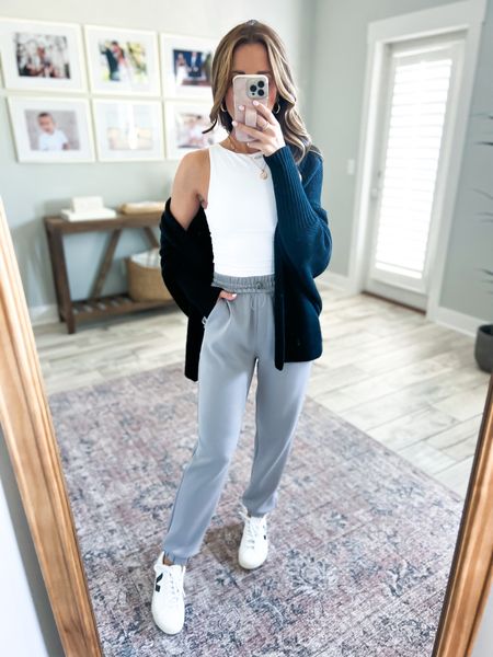 Travel outfit. Amazon High-waist joggers (XS). Amazon Seamless tank (XS). Cardigan (small). Veja Esplar sneakers (size down if you are a half size). Pasties I’m wearing with top. My luggage I’ve had for years! Casual outfit. Mom outfit. Jogger outfit. 

#LTKshoecrush #LTKunder50 #LTKtravel