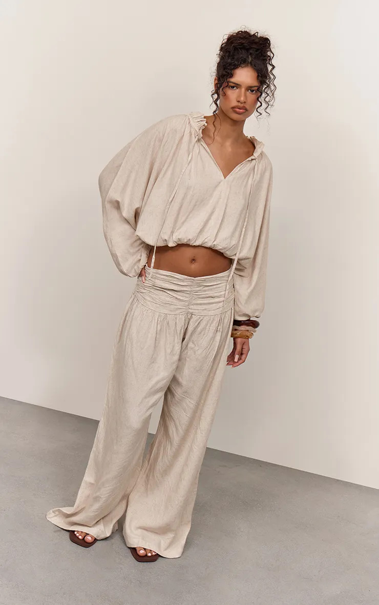 Beige Linen Ruched Waistband Trousers | PrettyLittleThing UK
