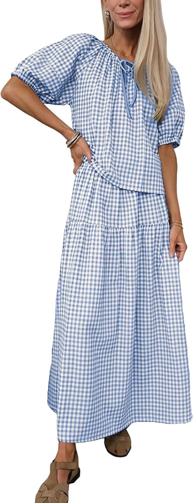 Qiaomai Womens 2 Piece Gingham Sets Puff Sleeve Plaid Top Tiered Maxi Skirt Matching Outfit Casua... | Amazon (US)