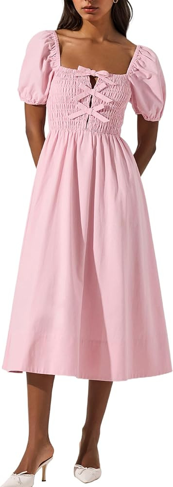 MISSACTIVER Bow Knotted Midi Dress for Women Short Puff Sleeve Square Neck Sundress Backless Swin... | Amazon (US)